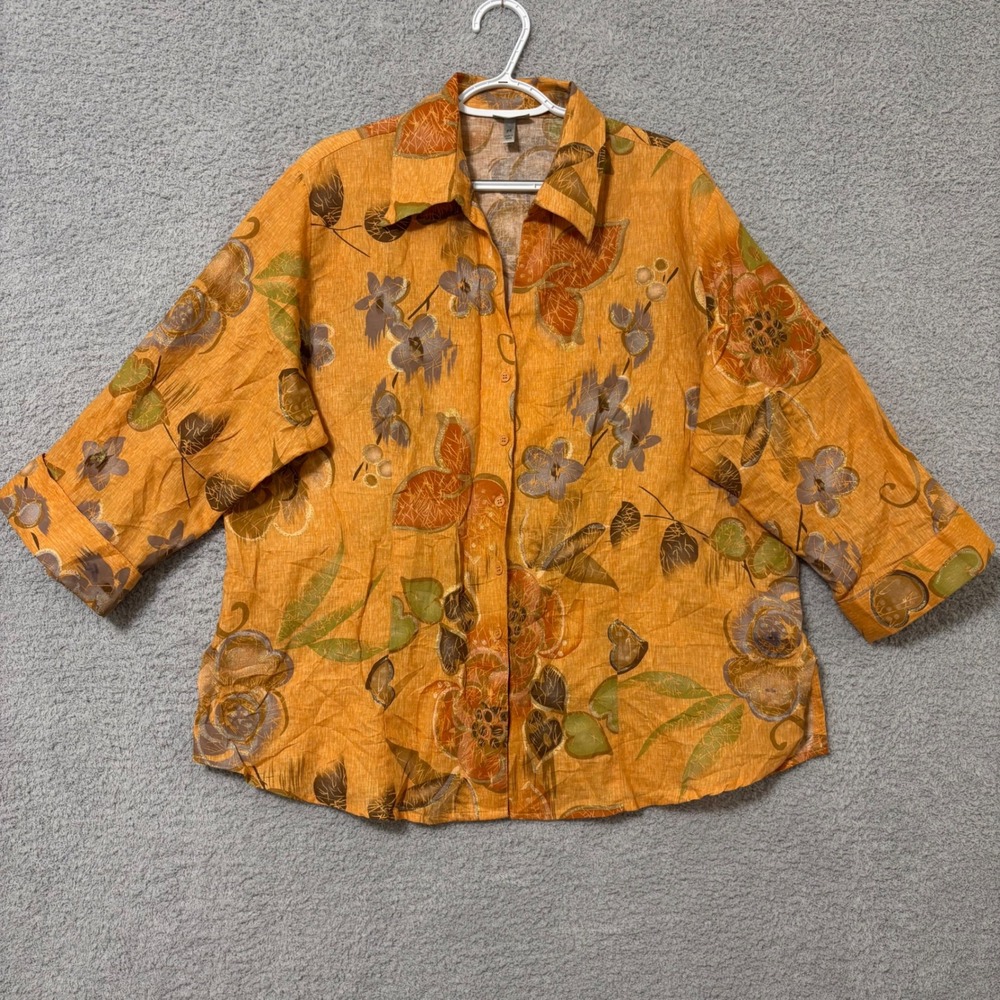 Linen Cotton Blend Button Front Blouse Relaxed Fit Lightweight Layering 2X